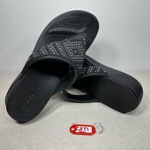 Crocs Womens 8 Monteray Shimmer Sandals Shoe Black Rubber Flip Flop Thong Wedge